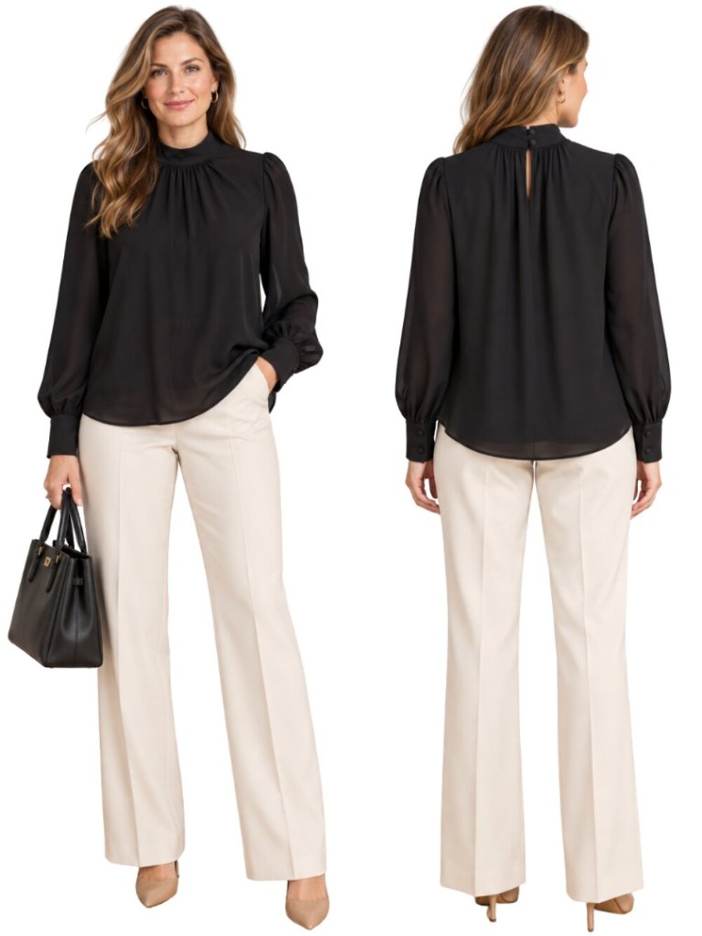 J. Crew Long-Sleeve Shirred Mockneck Top Blouse Women's XL Black Career Preppy